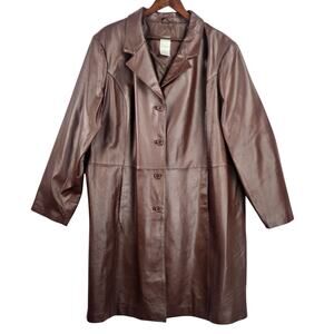 Roaman's Leather Long Coat Womens SZ 26 (2X) Brown Button Front Fully Lined EUC